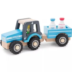 New Classic Toys Wooden Tractor with Trailer and Milk Bottles