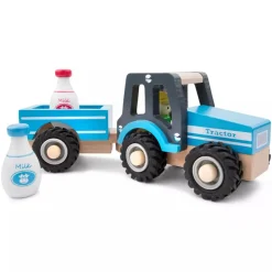 New Classic Toys Wooden Tractor with Trailer and Milk Bottles