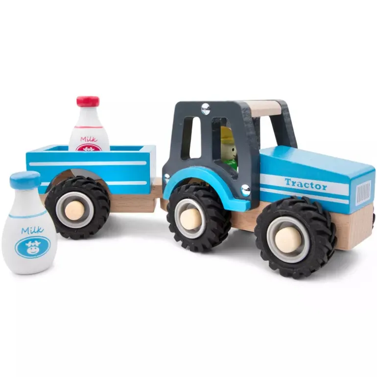 New Classic Toys Wooden Tractor with Trailer and Milk Bottles