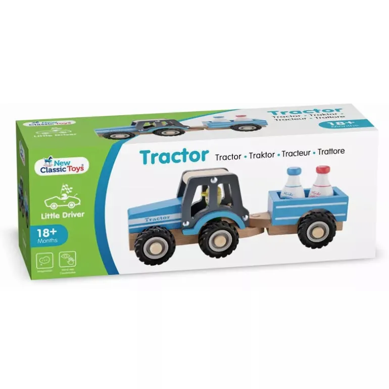 New Classic Toys Wooden Tractor with Trailer and Milk Bottles